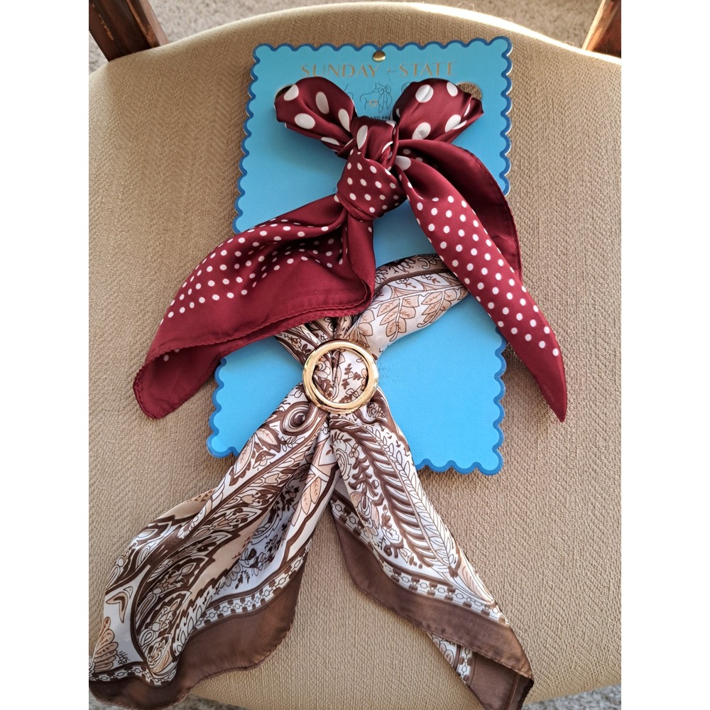 Sunday State Hair Scarf Set Polka Dot Paisley Burgundy Brown Gold Ring 2 Pack